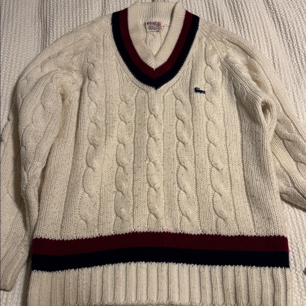Vintage 1980's Izod Lacoste Mens Tennis Sweater Chunky Cable Knit Cricket M - Picture 9 of 11